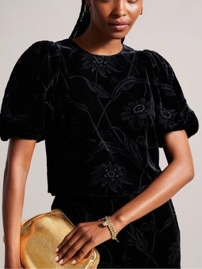 Ted baker Sz 3 / US 8 Top Bettiaa Velvet Devore Puff Sleeve Floral Boxy Luxury.